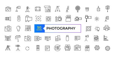 Fotoğrafçı, fotoğrafçılık, fotoğraf türleri - ince çizgi web simgesi seti. Resim simgelerini özetle. Fotoğraf stüdyosu ışığı, kameralar ve kamera tripod hattında..