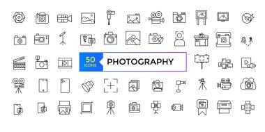 Fotoğrafçı, fotoğrafçılık, fotoğraf türleri - ince çizgi web simgesi seti. Resim simgelerini özetle. Fotoğraf stüdyosu ışığı, kameralar ve kamera tripod hattında..