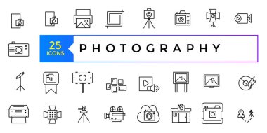 Fotoğrafçı, fotoğrafçılık, fotoğraf türleri - ince çizgi web simgesi seti. Resim simgelerini özetle. Fotoğraf stüdyosu ışığı, kameralar ve kamera tripod hattında..