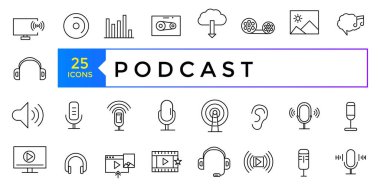 Podcast ve Audio line simgesi seti. E-öğrenme, eğitim, online okul, ince çizgi simgeleri. Web sitesi pazarlama tasarımı için