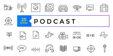 Podcast ve Audio line simgesi seti. E-öğrenme, eğitim, online okul, ince çizgi simgeleri. Web sitesi pazarlama tasarımı için