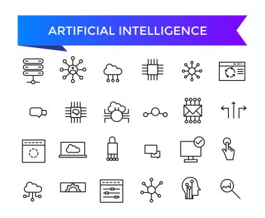 Yapay zeka ikonu koleksiyonu. Makine öğrenimi, veri bilimi, yapay zeka, sanal asistan, üretken yapay zeka, teknoloji. Satır vektör simgeleri ayarlandı.