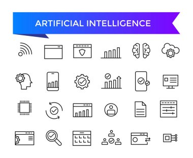 Yapay zeka ikonu koleksiyonu. Makine öğrenimi, veri bilimi, yapay zeka, sanal asistan, üretken yapay zeka, teknoloji. Satır vektör simgeleri ayarlandı.