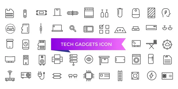 Teknoloji aletleri ikon koleksiyonu. Akıllı telefon, dizüstü bilgisayar, tablet, akıllı seğirme, drone, kulaklık, dijital kamera, oyun konsolu ve daha fazlası. Çizgi vektör simgeleri