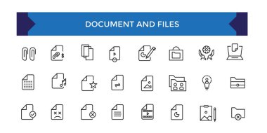 Belge ve dosya simgeleri ayarlandı. Ofis ve İş yeri web simgeleri hizada. Çalışma, konferans, proje, belge.