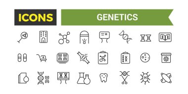 Genetik Simgeler Kümesi, Genler Kümesi, DNA Yapısı, Kromozomlar, Genetik Mühendislik, Test Tüpleri, Mikroskop, Düzenlenebilir Vuruşlu Bilim Laboratuvarı Vektör Simgesi, Vektör İllüstrasyonu