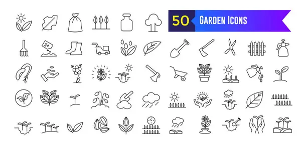Bahçe simgeleri ayarlandı. Web tasarımı için Bahçe vektör simgeleri kümesi. Taslak simge koleksiyonu. Düzenlenebilir vuruş.