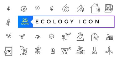 Ekoloji, çevre, ekolojik, geri dönüşüm, yeşil, organik ve endüstriyle ilgili bir dizi ince çizgi ikonu. Doğrusal ekoloji basit sembol koleksiyonu.