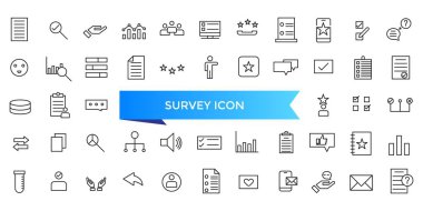 Araştırma simgesi koleksiyonu. Geri bildirim, görüş, anket, araştırma, veri toplama, inceleme ve tatmin simgeleriyle ilgili. Satır simgesi ayarlandı.