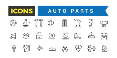 Otomatik Parçalar Simgesi, Araba Parçası Vektör Simgeleri, Açık Yol Otomobil Servisi ile Vektör Hattı Simgeleri, Mobil Konseptler ve Web Uygulamaları için Elementlerle Otomatik Tamir ve Taşımacılık, Vektör Resimleri