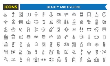 Güzellik ve Hijyen Simgeleri Seti, Dekoratif Kozmetik, Oral, Vücut, Cilt ve Yüz Bakımı Simgeleri, Vektör Resimleri