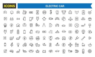 Electric Car Vector Icon, Set of E Car, Electric Bus, Truck, Vehicle, Auto, Engine, Plug, Battery, Eco Transport, Autopilot, Smart Car Ediable Stroke Icon, Vector Illustration