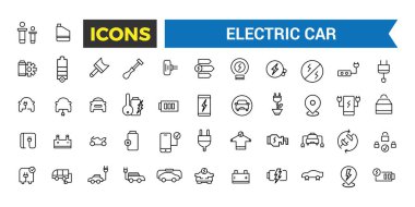 Electric Car Vector Icon, Set of E Car, Electric Bus, Truck, Vehicle, Auto, Engine, Plug, Battery, Eco Transport, Autopilot, Smart Car Ediable Stroke Icon, Vector Illustration
