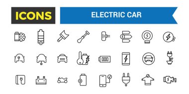 Electric Car Vector Icon, Set of E Car, Electric Bus, Truck, Vehicle, Auto, Engine, Plug, Battery, Eco Transport, Autopilot, Smart Car Ediable Stroke Icon, Vector Illustration