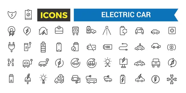 Electric Car Vector Icon, Set of E Car, Electric Bus, Truck, Vehicle, Auto, Engine, Plug, Battery, Eco Transport, Autopilot, Smart Car Ediable Stroke Icon, Vector Illustration