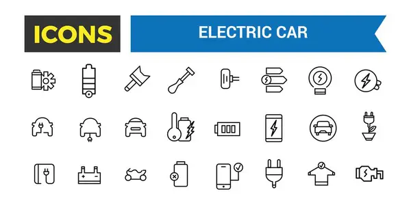 Electric Car Vector Icon, Set of E Car, Electric Bus, Truck, Vehicle, Auto, Engine, Plug, Battery, Eco Transport, Autopilot, Smart Car Ediable Stroke Icon, Vector Illustration
