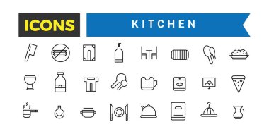 Mutfak Simgesi Seti, Tava Seti, Kızartma Tavası, Tabaklar, Tabaklar, Bıçak Seti, Çatal-bıçak takımı, Fırın Mitt, Aşçının Şapkası, Saksı, Tencere, Öğütücü, Tırnak, Kesme Tahtası, Önlük Vektör Simgeleri, Vektör Resimleri