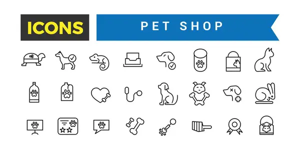 Evcil hayvan dükkânı ikonu seti, Kedi ve Köpek seti, Kedi Kum Kutusu, Tasma Yaka, Konserve Gıda, Hayvan Taşıyıcı, Veteriner, Hayvan Aşılama Sertifikası, Kuş Evi Vektör Simgeleri, Vektör İllüstrasyonu