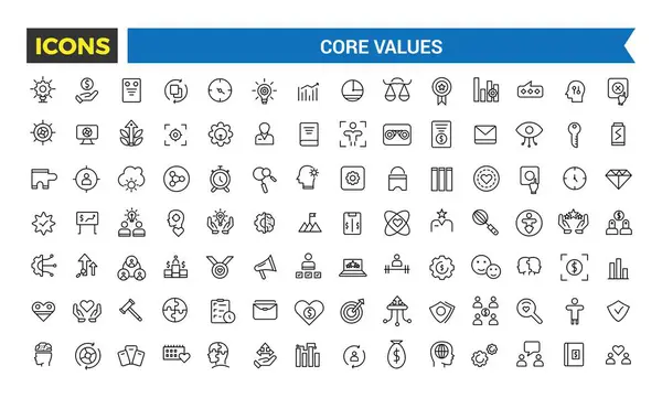 Çekirdek Değerleri Simgesi Kümesi, Tam Vektör Özet Biçim Simgeleri, Bağlılık, Çevre Simgeleri, Kişisel Büyüme, Yenilik, Aile, Sorun Çözme, Vektör İllüstrasyonu