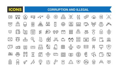 Yolsuzluk ve Yasadışı Satır Simgeleri Koleksiyonu, Büyük Ui Simgesi Düz Tasarım, İnce Tasarım Simgeleri Paketi, Vektör İllüzyonu