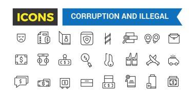 Yolsuzluk ve Yasadışı Satır Simgeleri Koleksiyonu, Büyük Ui Simgesi Düz Tasarım, İnce Tasarım Simgeleri Paketi, Vektör İllüzyonu