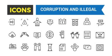 Yolsuzluk ve Yasadışı Satır Simgeleri Koleksiyonu, Büyük Ui Simgesi Düz Tasarım, İnce Tasarım Simgeleri Paketi, Vektör İllüzyonu