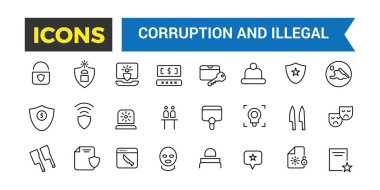 Yolsuzluk ve Yasadışı Satır Simgeleri Koleksiyonu, Büyük Ui Simgesi Düz Tasarım, İnce Tasarım Simgeleri Paketi, Vektör İllüzyonu