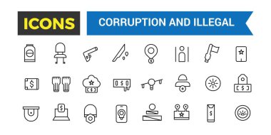 Yolsuzluk ve Yasadışı Satır Simgeleri Koleksiyonu, Büyük Ui Simgesi Düz Tasarım, İnce Tasarım Simgeleri Paketi, Vektör İllüzyonu