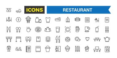 Restoran Simgeleri Set, Restoran Yemekleri, Şef Şapkası, Alkol, Deniz Ürünleri, Kıtasal Kahvaltı Otelde, Cafe Dessert, Kahve, Biftek, Düzenlenebilir Vuruşlu Garson Vektör Simgeleri, Vector Illustration