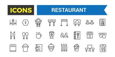 Restoran Simgeleri Set, Restoran Yemekleri, Şef Şapkası, Alkol, Deniz Ürünleri, Kıtasal Kahvaltı Otelde, Cafe Dessert, Kahve, Biftek, Düzenlenebilir Vuruşlu Garson Vektör Simgeleri, Vector Illustration