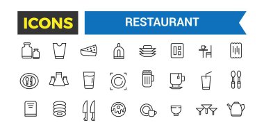 Restoran Simgeleri Set, Restoran Yemekleri, Şef Şapkası, Alkol, Deniz Ürünleri, Kıtasal Kahvaltı Otelde, Cafe Dessert, Kahve, Biftek, Düzenlenebilir Vuruşlu Garson Vektör Simgeleri, Vector Illustration
