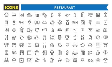 Restoran Simgeleri Set, Restoran Yemekleri, Şef Şapkası, Alkol, Deniz Ürünleri, Kıtasal Kahvaltı Otelde, Cafe Dessert, Kahve, Biftek, Düzenlenebilir Vuruşlu Garson Vektör Simgeleri, Vector Illustration