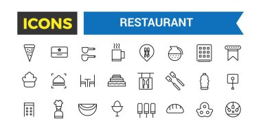 Restoran Simgeleri Set, Restoran Yemekleri, Şef Şapkası, Alkol, Deniz Ürünleri, Kıtasal Kahvaltı Otelde, Cafe Dessert, Kahve, Biftek, Düzenlenebilir Vuruşlu Garson Vektör Simgeleri, Vector Illustration