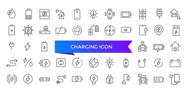 Simge koleksiyonu yükleniyor. Şarj, pil, enerji, elektrik, şarj aleti, şarj aleti, elektrikli araba ve şarj istasyonu simgeleriyle ilgili. Satır simgesi ayarlandı.