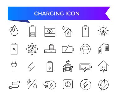 Simge koleksiyonu yükleniyor. Şarj, pil, enerji, elektrik, şarj aleti, şarj aleti, elektrikli araba ve şarj istasyonu simgeleriyle ilgili. Satır simgesi ayarlandı.