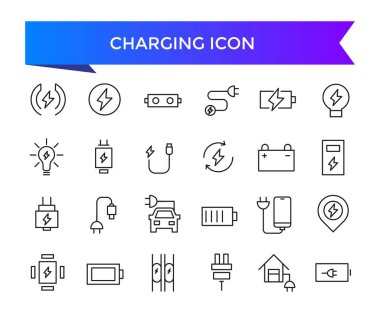 Simge koleksiyonu yükleniyor. Şarj, pil, enerji, elektrik, şarj aleti, şarj aleti, elektrikli araba ve şarj istasyonu simgeleriyle ilgili. Satır simgesi ayarlandı.