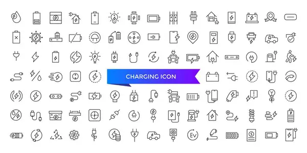 Simge koleksiyonu yükleniyor. Şarj, pil, enerji, elektrik, şarj aleti, şarj aleti, elektrikli araba ve şarj istasyonu simgeleriyle ilgili. Satır simgesi ayarlandı.