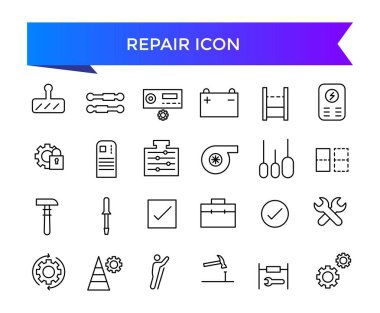 Simge koleksiyonunu onar. Tamir, bakım, alet çantası, yardım, bozuk, sorun giderici, yama ve tamirci ikonları ile ilgili. Satır simgesi ayarlandı.