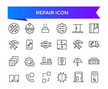 Simge koleksiyonunu onar. Tamir, bakım, alet çantası, yardım, bozuk, sorun giderici, yama ve tamirci ikonları ile ilgili. Satır simgesi ayarlandı.