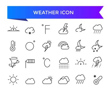 Hava durumu ikonu koleksiyonu. Sıcaklık, güneş, yağmur, kar, bulut, nem, yaz, kış, bahar, bulutlu ve yağmurlu mevsimle ilgili. İklim sembolü kümesi.