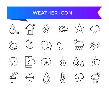 Hava durumu ikonu koleksiyonu. Sıcaklık, güneş, yağmur, kar, bulut, nem, yaz, kış, bahar, bulutlu ve yağmurlu mevsimle ilgili. İklim sembolü kümesi.