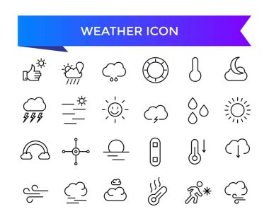 Hava durumu ikonu koleksiyonu. Sıcaklık, güneş, yağmur, kar, bulut, nem, yaz, kış, bahar, bulutlu ve yağmurlu mevsimle ilgili. İklim sembolü kümesi.