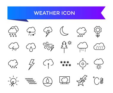 Hava durumu ikonu koleksiyonu. Sıcaklık, güneş, yağmur, kar, bulut, nem, yaz, kış, bahar, bulutlu ve yağmurlu mevsimle ilgili. İklim sembolü kümesi.