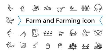 Çiftlik ve Tarım, Tarım Hattı ikonu seti. İçinde sera, saman yığını, hasat ve daha fazlası var. Taslak simge koleksiyonu. Simge koleksiyonu. Düzenlenebilir vektör simgesi ve resimleme..