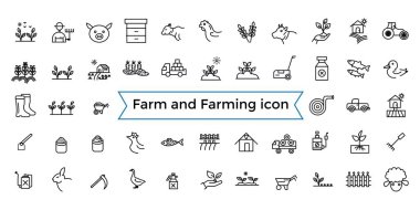 Çiftlik ve Tarım, Tarım Hattı ikonu seti. İçinde sera, saman yığını, hasat ve daha fazlası var. Taslak simge koleksiyonu. Simge koleksiyonu. Düzenlenebilir vektör simgesi ve resimleme..