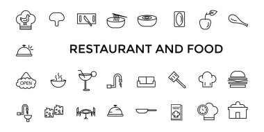 Restoran kafe menüsü, yiyecek ve içecek hattı ikonu seti. Taslak simgeler paketi. Simge koleksiyonu. Düzenlenebilir vektör simgesi ve resimleme.