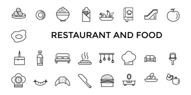 Restoran kafe menüsü, yiyecek ve içecek hattı ikonu seti. Taslak simgeler paketi. Simge koleksiyonu. Düzenlenebilir vektör simgesi ve resimleme.
