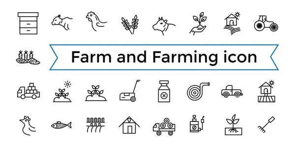 Çiftlik ve Tarım, Tarım Hattı ikonu seti. İçinde sera, saman yığını, hasat ve daha fazlası var. Taslak simge koleksiyonu. Simge koleksiyonu. Düzenlenebilir vektör simgesi ve resimleme..