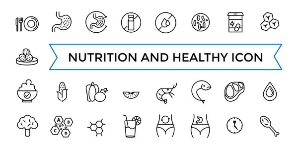 stock vector Nutrition and Healthy food Vector Icons. Contains related to Caunt Calories, Palm oil free, Zero thans fat, Probiotics and more. Outline icons collection.