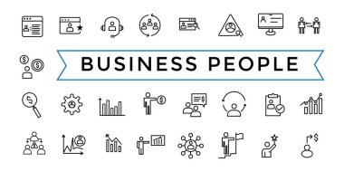 İş adamları, insan kaynakları, ofis yönetimi simgesi seti. Taslak simgeler paketi. Simge koleksiyonu. Düzenlenebilir vektör simgesi ve resimleme.